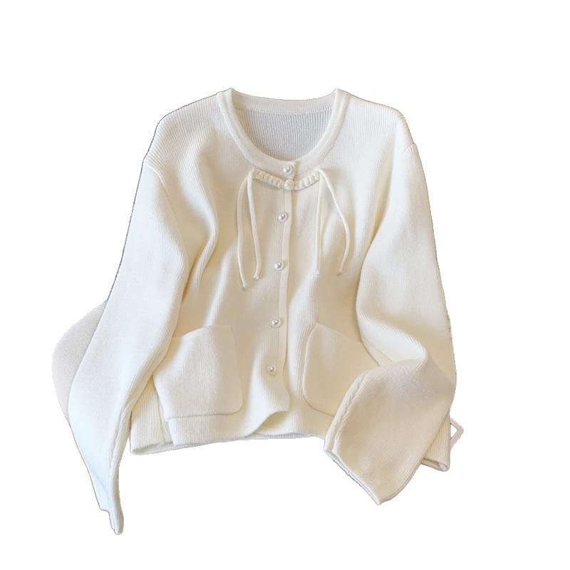 New Chinese style national style disc-button round neck long-sleeved knitted cardigan women's spring gentle wind sweet soft waxy loose sweater jacket