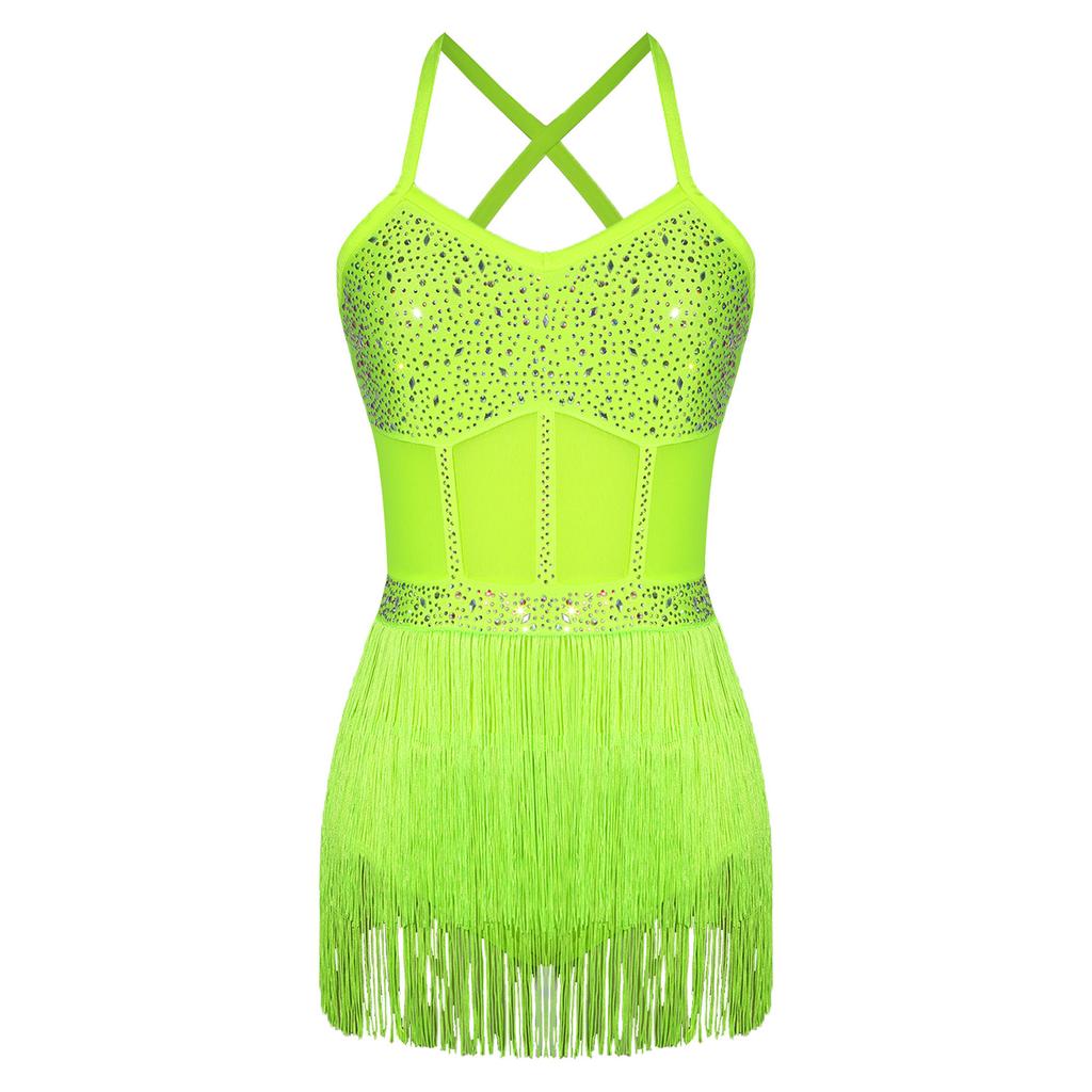 Womens Latin Dance Dress Sheer Mesh Patchwork Bodysuit Rhinestone Design Tiered Tassel Fringe Tango Costume