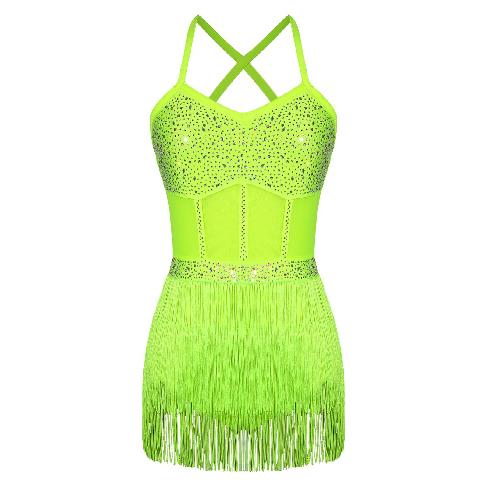 

Womens Latin Tango Costume Rhinestone Leotard Dress Sheer Mesh Patchwork Tassel Fringe One Piece Bodysuit S зелений