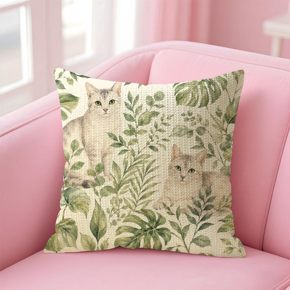 Tropical Jungle Flora Cat Cushion Cover Natural Linen Organic Fabric DoubleSided Printing Sofa Home Decor Gift Pillow Case