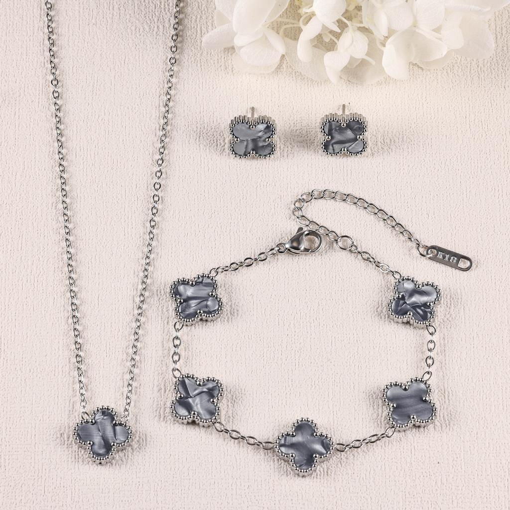 3PCS Clover 18K Gold Plated Necklace Bracelet Earnail Set Women's Light Luxury Colorful Fashion Accessories