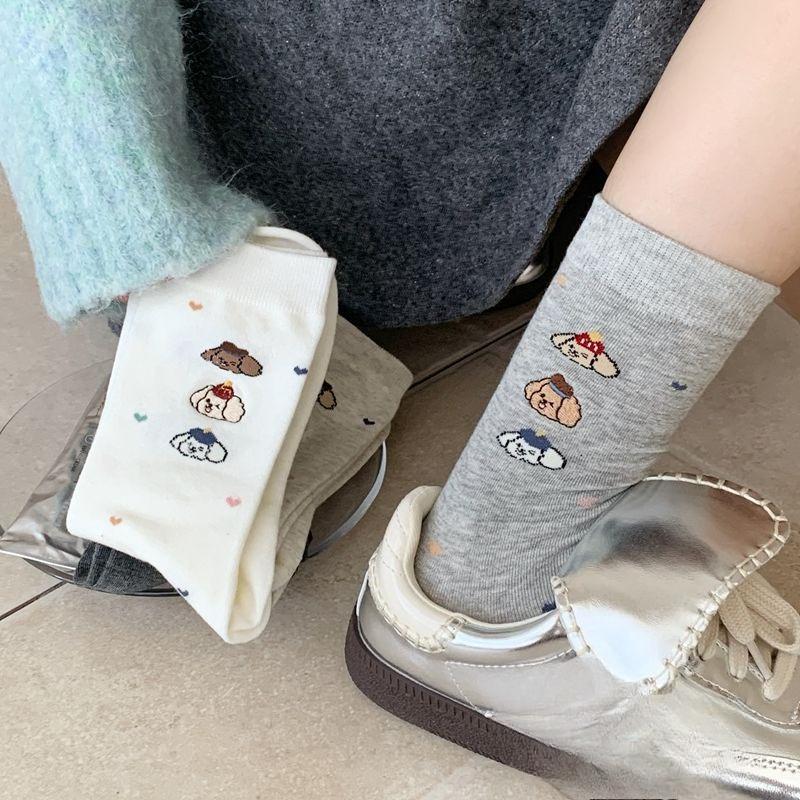 Little Dog Embroidered Socks, Pure Cotton Mid-calf Socks for Women, Boneless Anti-poughing, Cute Cartoon Pile Socks