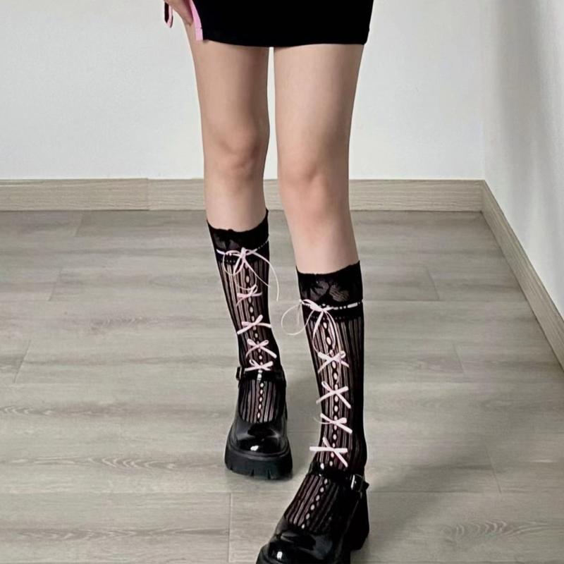 Meia Feminina Estilo Ballet Laço de Fita Meia Aberta Renda Listrada Fishnet Buracos Fishnet Longa Comprimento do Joelho