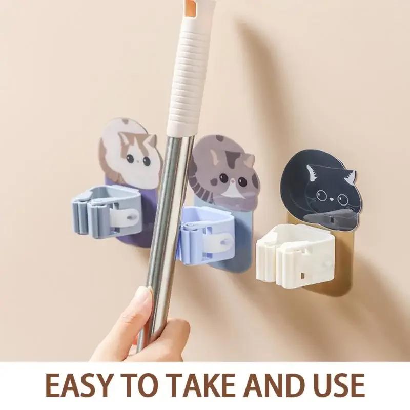 Nástěnné háčky Držák na mop Lepidlo Roztomilá kočka Víceúčelový pokojový věšák Silné háčky Kuchyň Koupelna Spona na koště