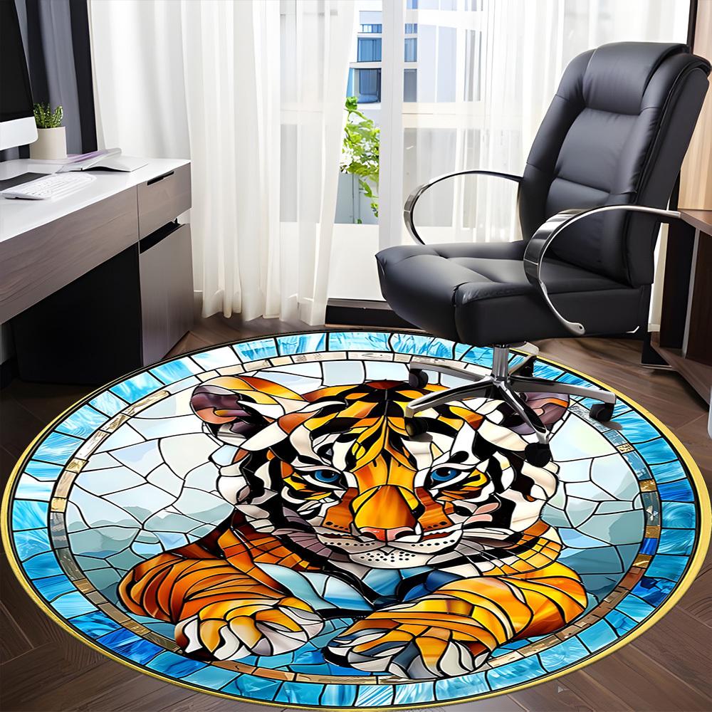 1pc Tiger StainedGlass Office Round Area Rug, Indoor Mat Suitable For Office, Under Office Chairs Bedroom Living Room Home Decor, Room Deco