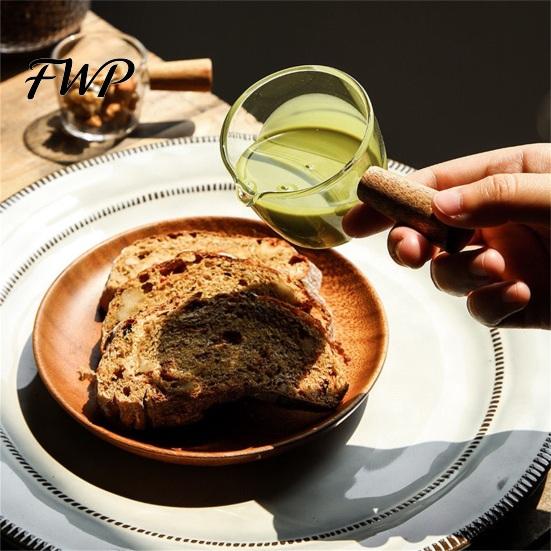 Anti-scalding Coffee Cup Milk Pitcher with Wooden Handle Mini Glass Creamer Food Grade for Espresso Small Sauce Dipping Bowl Measuring Scale Condiment