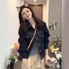 Hong Kong Retro Dark Blue Denim Jacket with Turn-Down Collar - Women's Loose Slimming Design
