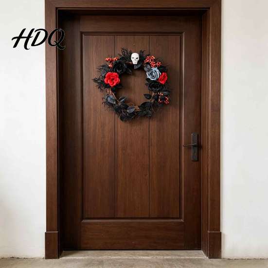 Elegant Mystery Party Props Gothic Black White Blue Rose Twig Wreath 15 Inch Halloween Skull Wreath