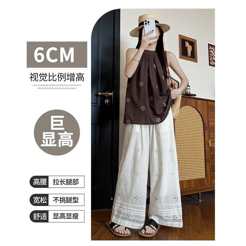 Apricot lace splicing wide-leg pants women's summer thin high-waisted drape straight-leg pants hollow crochet design casual pants