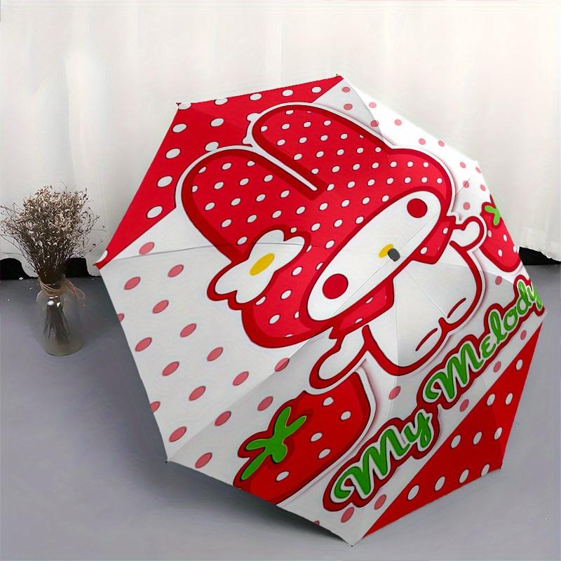 My Melody,Strawberry Automatic Folding Umbrella Simple 8 Rib Design, Bright Cartoon Pattern, Durable Iron Frame, Suitable For Travel, Outdoo