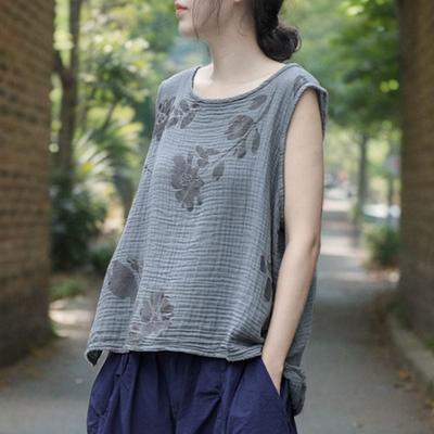 Vintage Print Floral Tank Tops Mulheres O-pescoço Sem Mangas Panos Verão Estilo Chinês Solto Tank