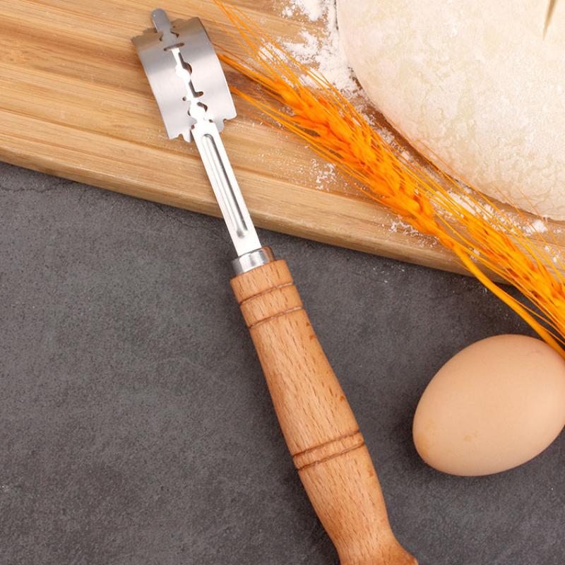 Teig Brot Gebäckschneider mit 5 Klingen Toast Gebogenes Baguette Brotmesser Holzgriff Bäcker Backzubehör Gebäckspatel