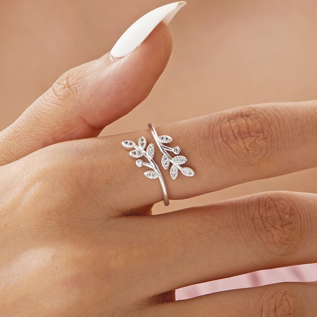 Luxury Trendy Shiny Zircon Branches Leaves Finger Rings For Women Men Temperament Vintage Leaf Opening Rings Wedding Jewelry