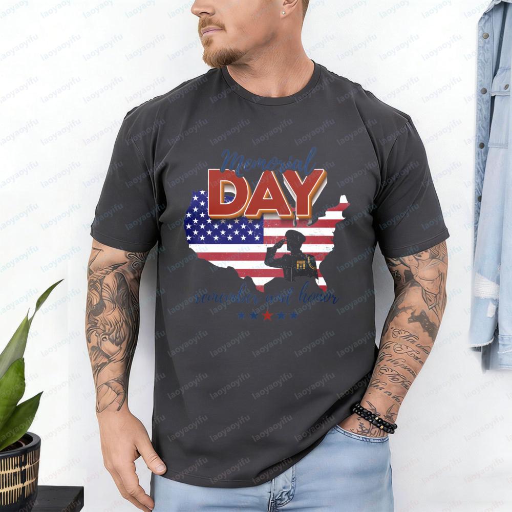 Memorial Day TShirt Remember and Honor Salute Soldier Patriotic Casual Cotton Tee Festival Vintage Trend Classic Mens Clothing S