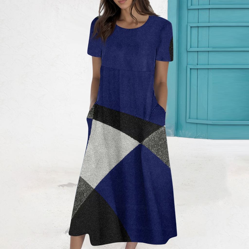 Damen Sommerkleid, lässig, modisch, bedruckt, kurzärmelig, Rundhalsausschnitt, Taschenkleid