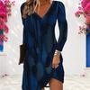 Women Plus Size V Neck Long Sleeve Blue Printed A Line Dress
