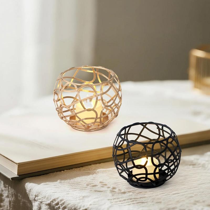 Geometric Metal Candle Holders for Tabletop Decors, Iron Wire Lantern Candle Stand with Round Base for Living Room, Bedsides, or Entryway