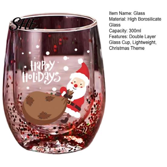 Vaso de Jugo de Doble Capa Taza de Capas, con Decoración de Patrones de Papá Noel/Árbol Pequeño/Pila/Bolsa Fiesta Navideña Bebida Arena Movediza Lentejuelas Transparente Borosilicato