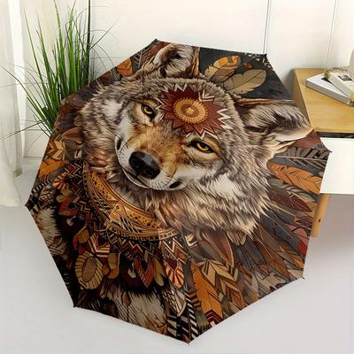 Wolfsgeist-Themen-Regenschirm mit automatischem Öffnen und Schließen, Tragbarer Dreifach-Kleinregenschirm für Damen und Herren, Geschenk0725037z