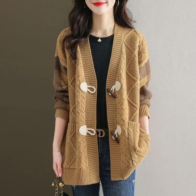 

Шерстяные свитера Пальто Кардиган для женщин Осень Зима Большой размер Винтажный Свободный Длинный рукав Вязаные свитера Пальто XXXXXL дубильная кора
