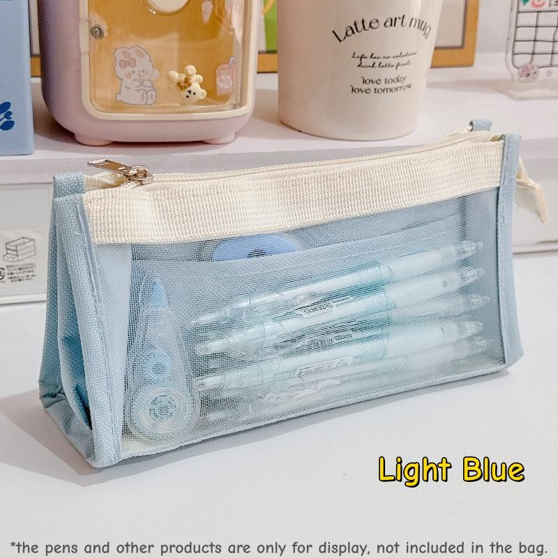 Trousse à crayons en maille transparente Color Block Sac de rangement pour stylos pour examen Minimaliste Grande capacité Multi-couches Papeterie