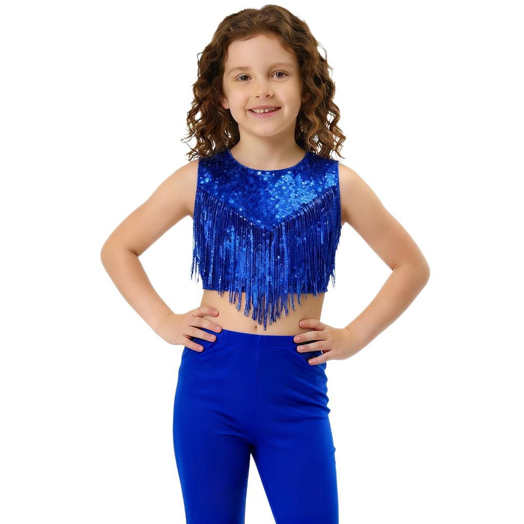 Costume da Bambina Anni '70 Disco Paillettes Lucide Girocollo Top Metallizzato Senza Maniche