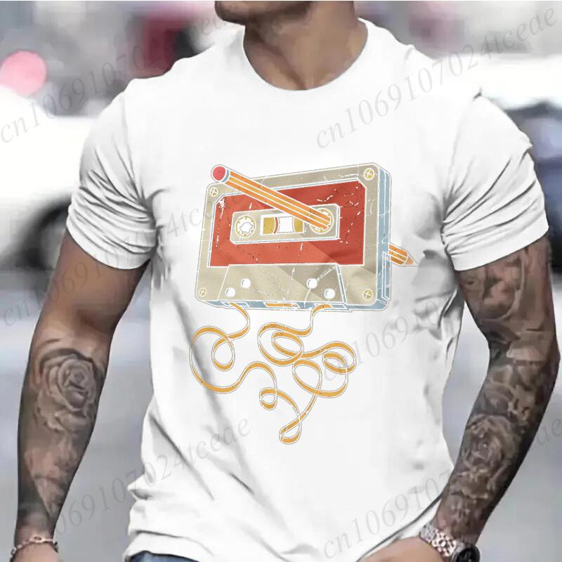 Men's Vintage Cassette Tape with Pencil T-shirt Shirts for Guys Funny Graphic Tees Birthday Clothes Fashion Casual Men's Tees