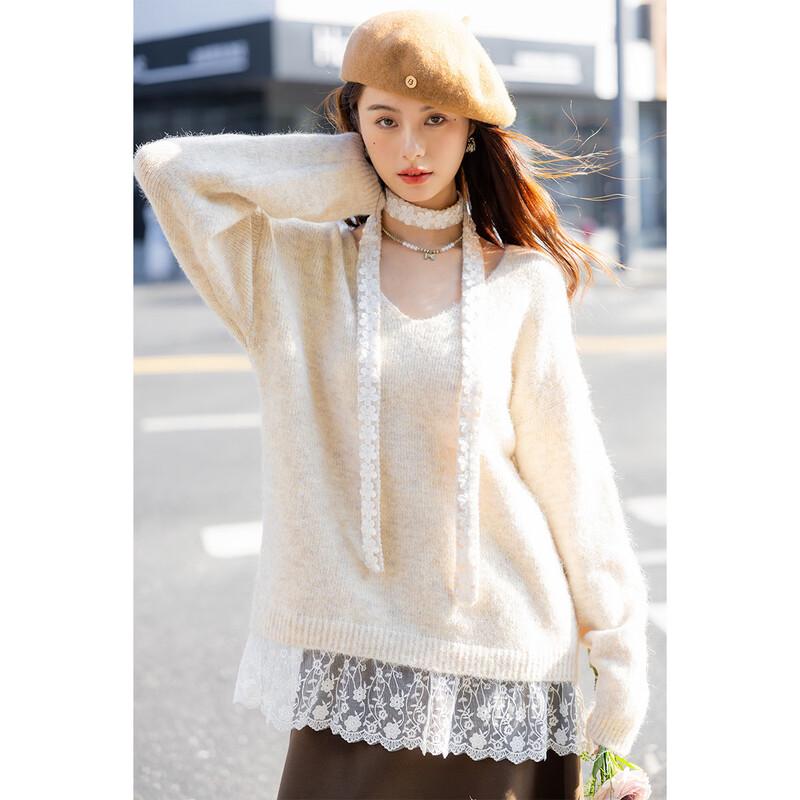 Mokana Autumn/Winter Tie-Neck Lace Panel Knit Sweater