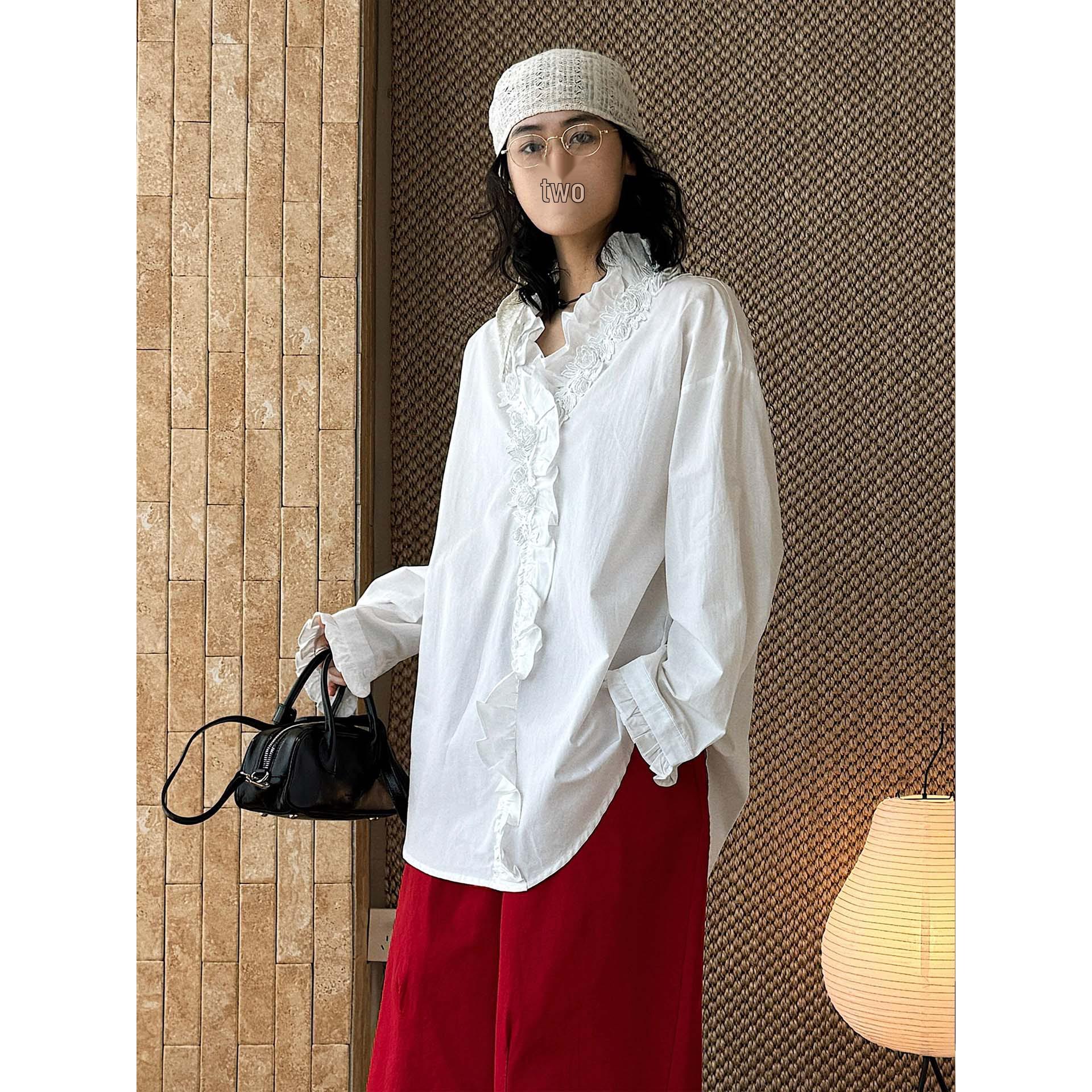 Women s Spring Beaded Rose Lace Patchwork Shirt - Loose Fit One Size белый