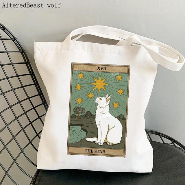 Dam Shopper bag katt Månen Tarot Tryckt Kawaii Väska Harajuku Shopping Canvas Shopper Bag flicka handväska Tote Axel Damväska