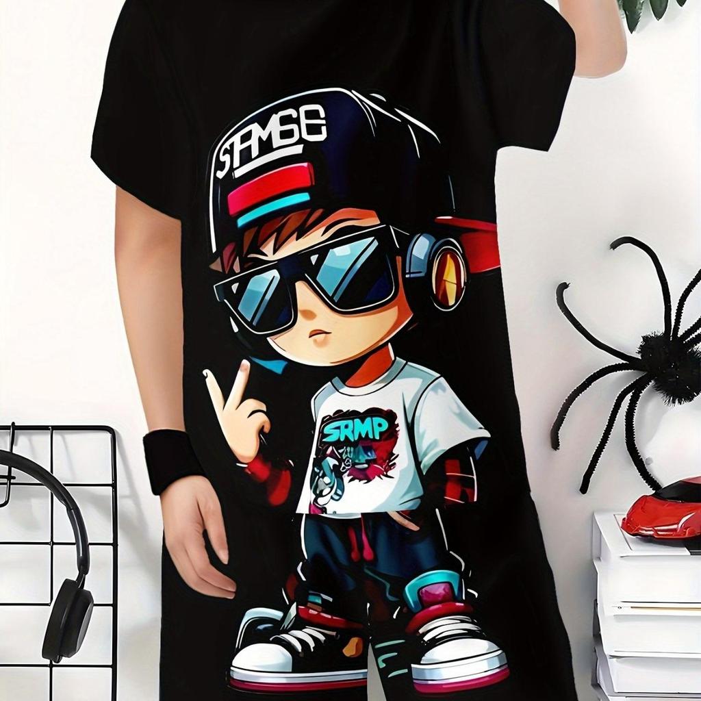 New summer set for teenagers, cool and handsome boy print, casual pullover, boy T-shirt shorts set
