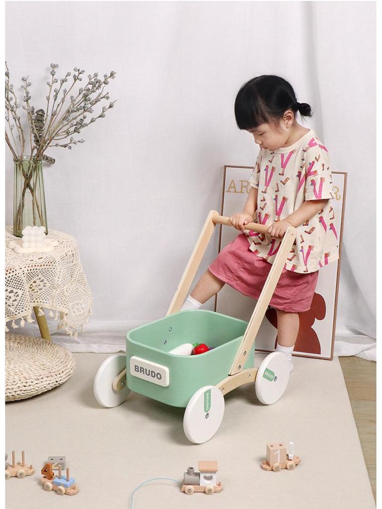 Multifunctional Baby Walker: Wooden Pull-Along Toy for Early Learning and Storage Habits.