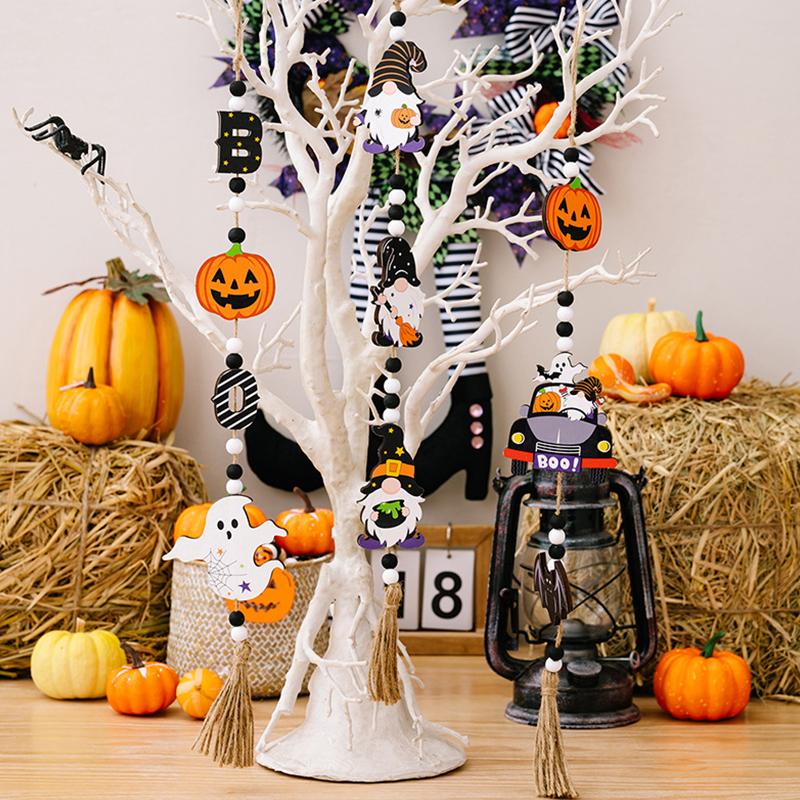 3 Pcs Halloween Wooden Tassel Beads Pendant Gnome Pumpkin Bat Ghost Wall Hanging Ornaments For Home Tiered Tray Decoration Props