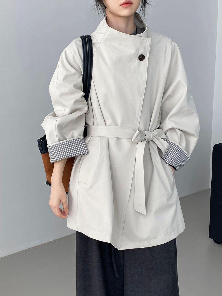 Women's High-End Korean British Retro Trench Coat: Stand-Up Collar, Waist-Cinching, Loose Fit, Mid-Length (5052-1)