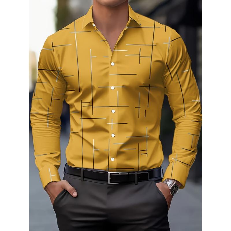 Men's Casual Geometric Print Long Sleeve Shirt - Breathable Button-Up Collared Shirt for Spring & Fall