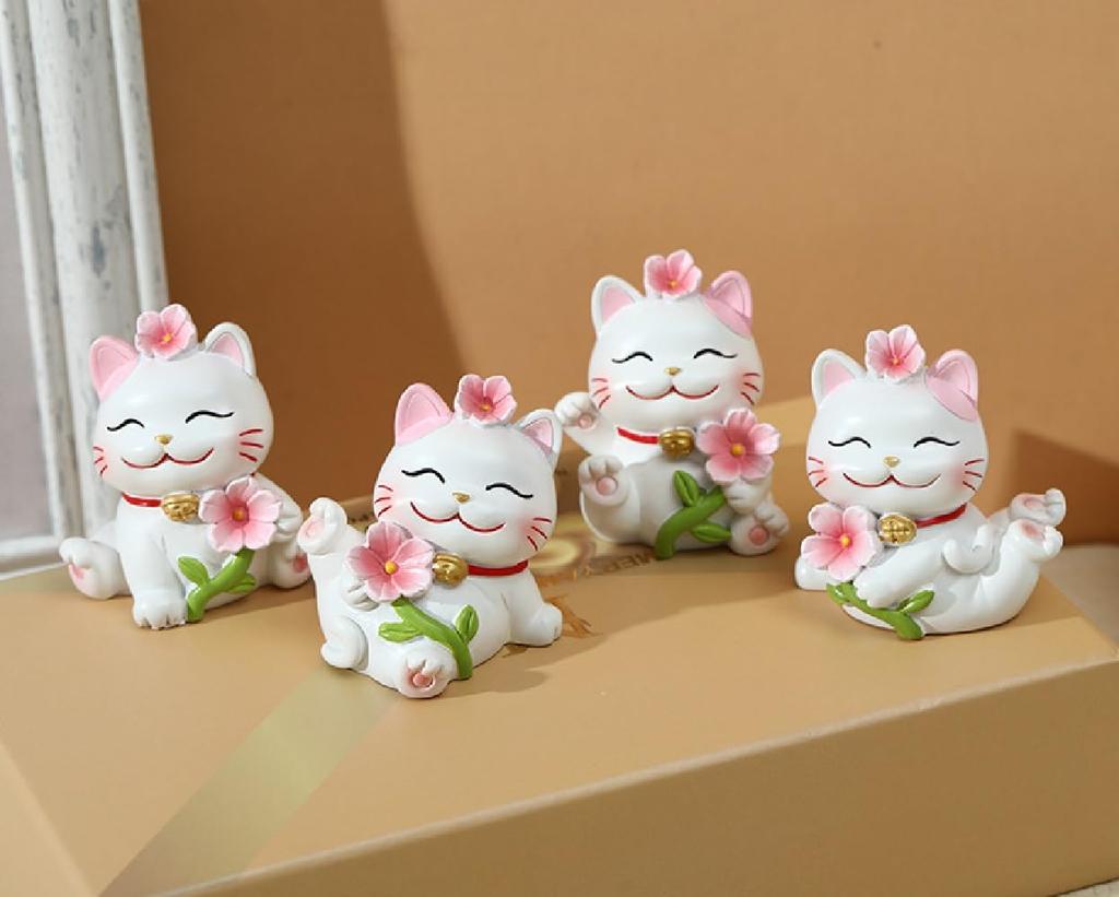 Siawadeky Cat Set of Cute Beckoning Cat with Cherry Blossom Miniature Realistic Kitten Lucky Micro Atmospheric Tabletop Get Well Popular Gifts for