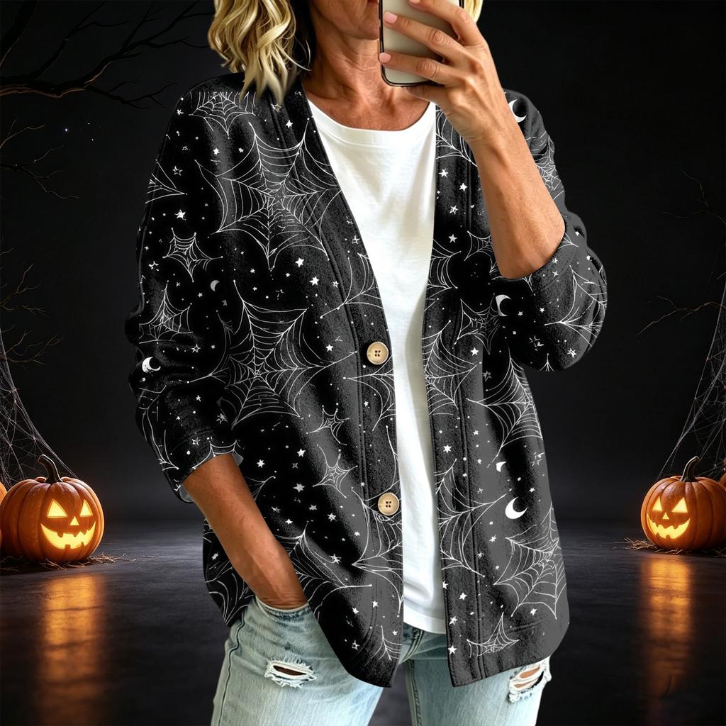 Women's Casual Button Down Halloween Print Jacket for Fall Seasonal Wear