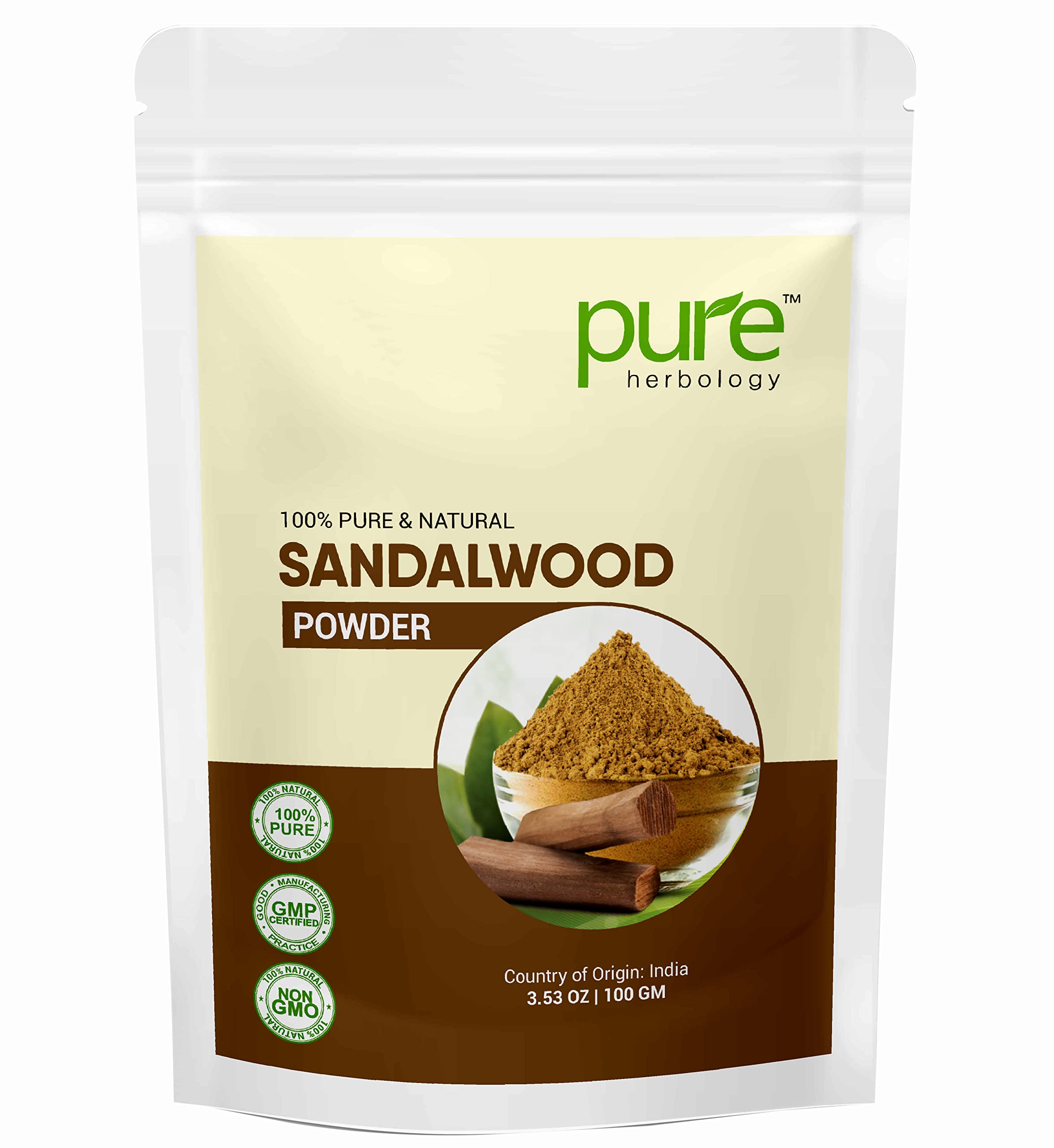 Pure Herbology Pure & Natural Sandalwood Powder for Face, Skin Whitening, Face mask and Facial, Skin Care, (100Gm)