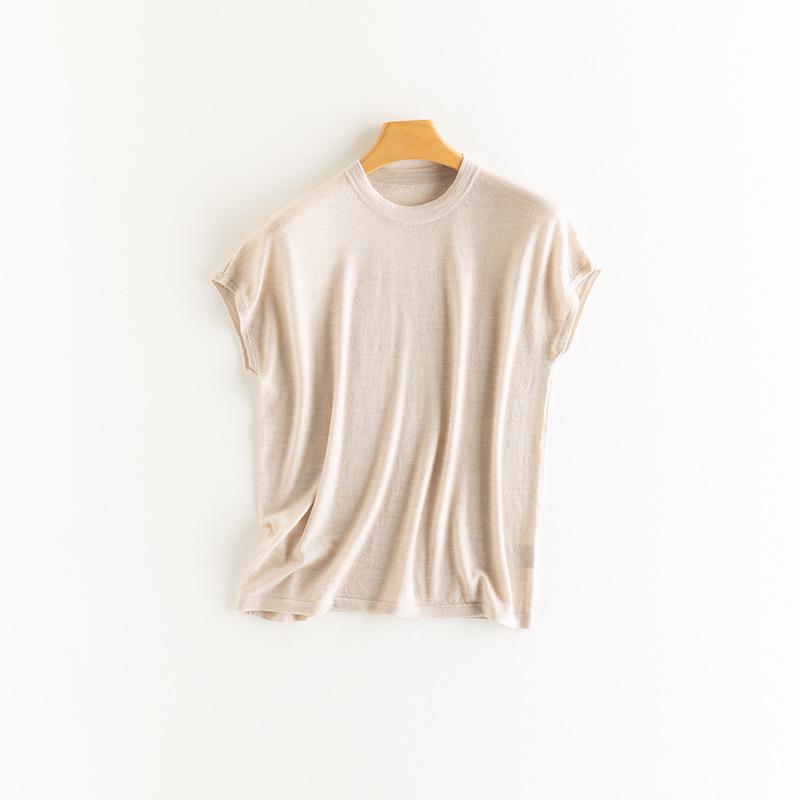 Yangzi Yarn Women's 100% Combed Wool Knit Vest T-Shirt - Short Sleeve, Round Neck, Summer Layer Top