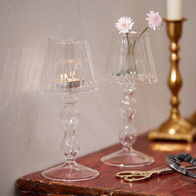 1PC Vintage-Inspired Glass Table Decoration Desk Lamp Shaped European Transparent Glass Candle Holder Glass 18.5x8.5cm