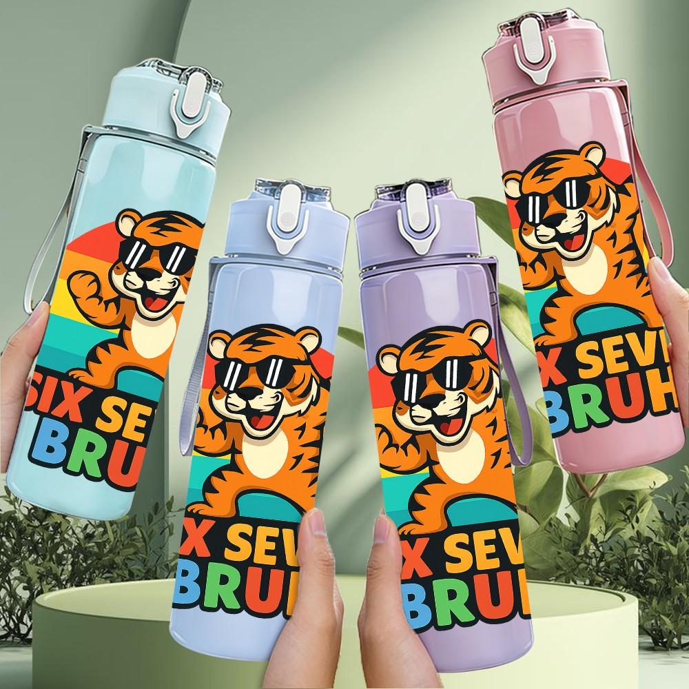 1PC Six Seven Bruh Tiger Letter 750ml Color Plastic Sports Water Bottle Leakproof Flip Straw Lid Suitable for Sports Office Home Use