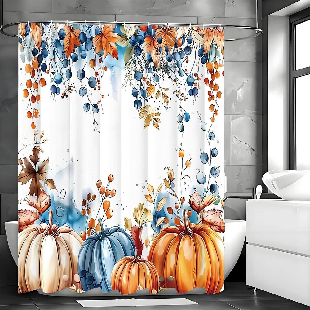 Autumn Harvest Pumpkin Floral Watercolor Shower Curtain, Bathroom Decorative Shower Curtain, Waterproof Shower Curtain with Hook