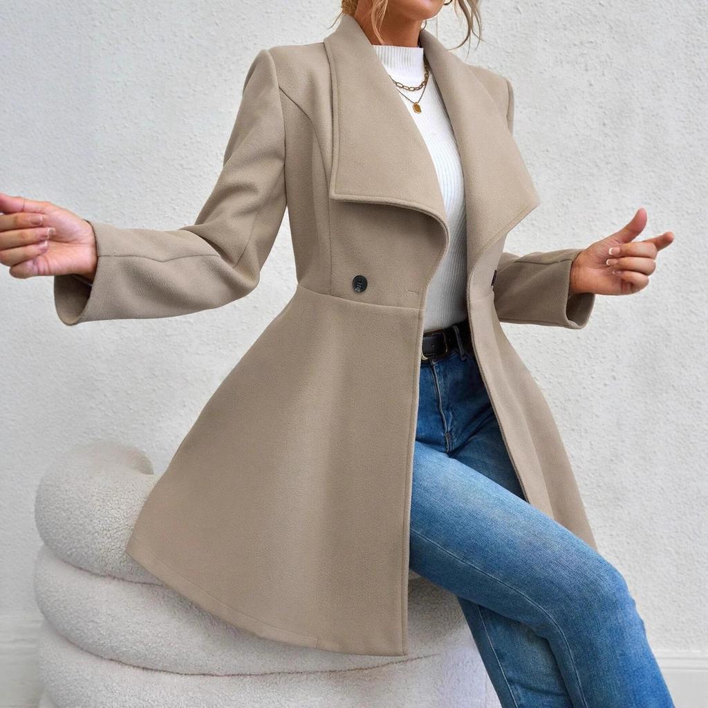 Autumn Winter Women's Notched Lapel Wool Coat, Double-Breasted Trench Style Overcoat with Solid Color Design, Elegant Outerwear for Office & Commute