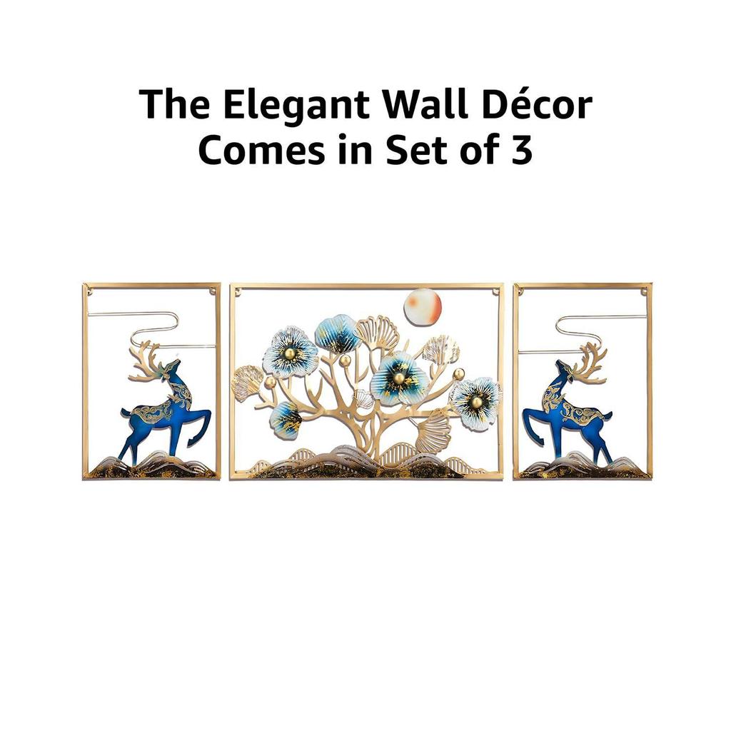 Leaves and Deer Metal Wall Décor | Nature-Inspired Iron Wall Hanging |  Wall Hanging | Wall Décor | Easy Installation | 120 x 50 cm | Set of 3