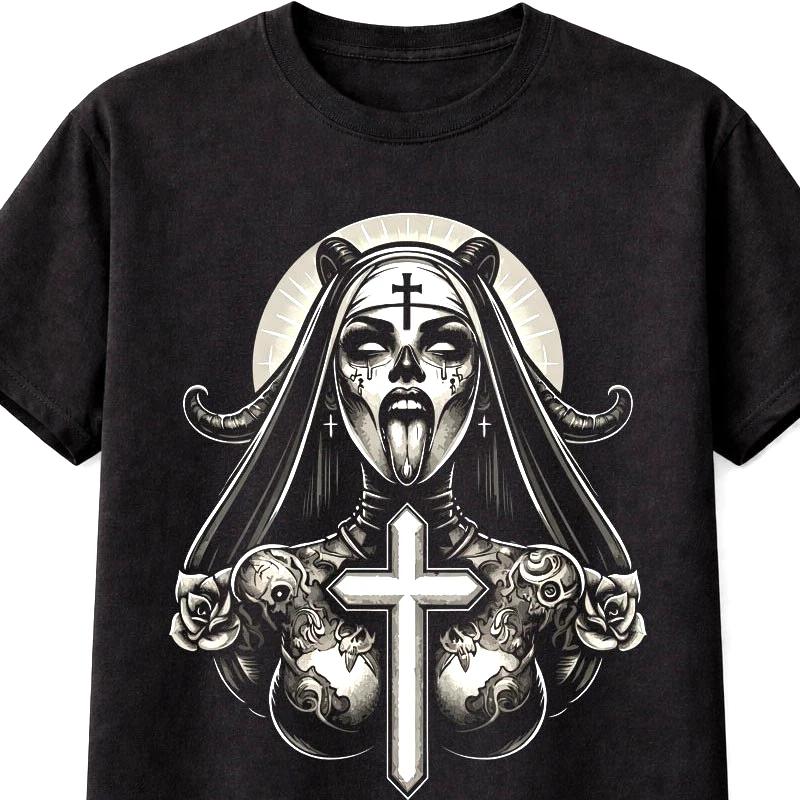 Demonic Nun Cross Horror Graphic TShirt Gothic Dark Unisex Tee S5XL S