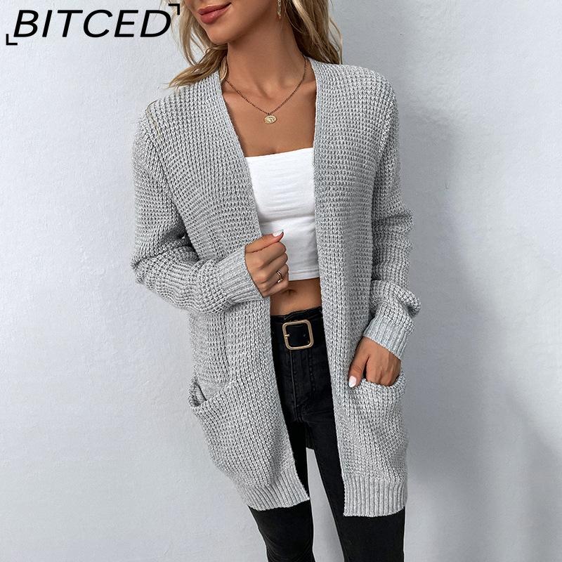 BITCED Autumn/Winter Women's Knitwear Solid-Colour Pocket Cardigan Sweater