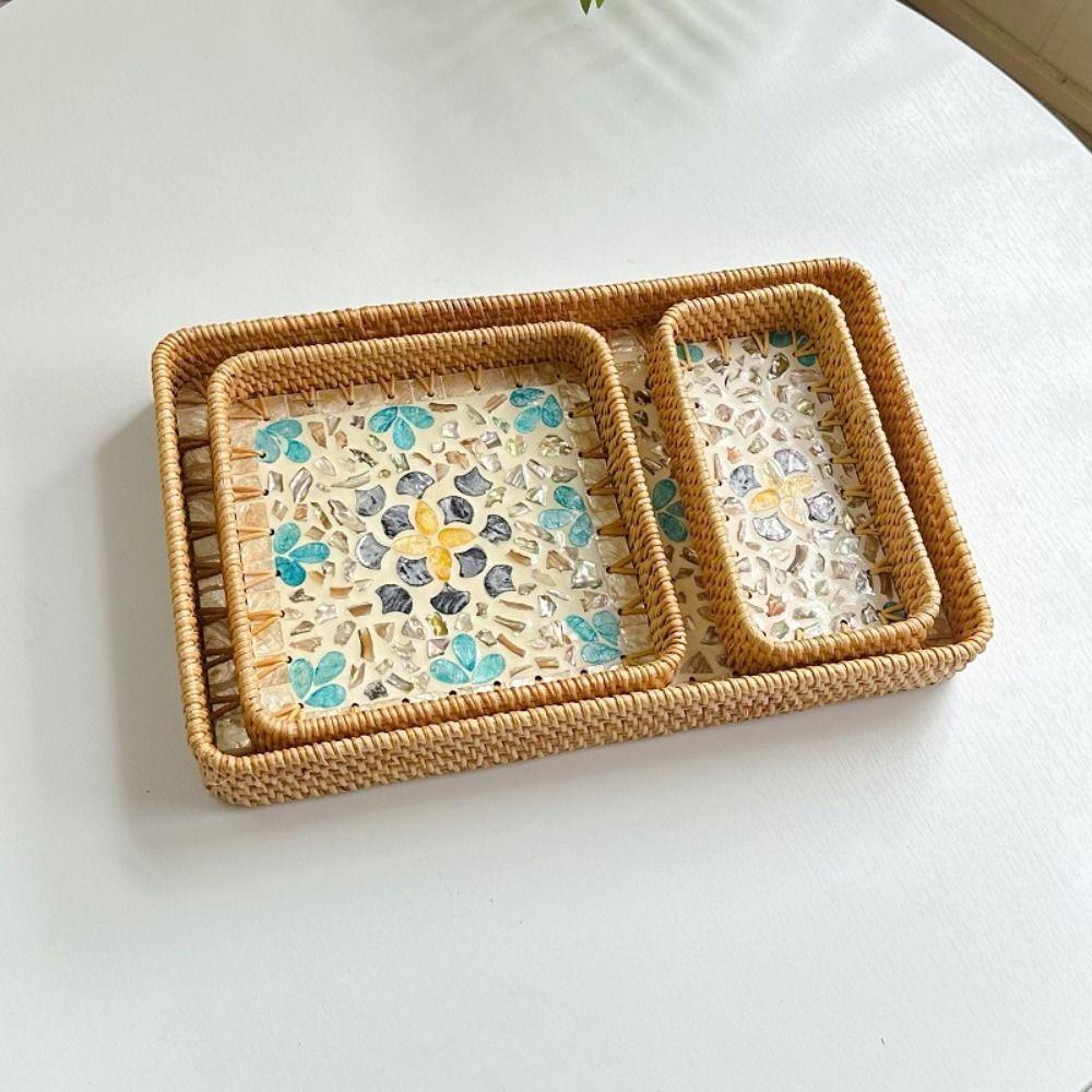 Hand Woven Rattan Shell Tray Colorful Bread Baskets Tray Splicing Shell Rattan Basket  Living Room