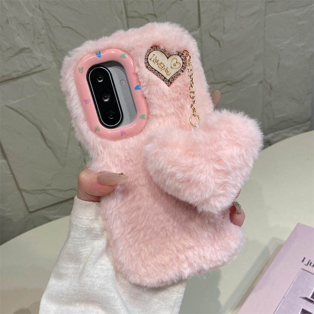 Kawaii Sweet Fluffy Soft Plush Toy Phone Case for SamSung Galaxy S26 Ultra S25 S23 A57 A56 Heart Charm Pom Pom Pendant Cover