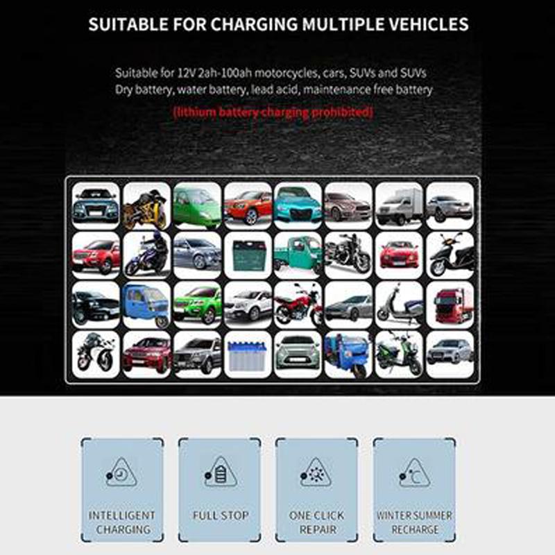 12V 6A Vollautomatisches Autobatterieladegerät 110V bis 220V Schnelles Power-Puls-Reparaturladen für Nass-Trocken-Bleisäure mit digitalem LCD-Display