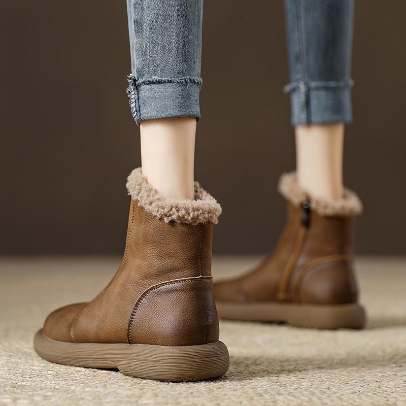 Fashion Leather Waterproof Plush Round Toe Snow Boots for Women Trend 2025 Designer Luxury Woman Shoes Winter Novelty Non Slip Booties